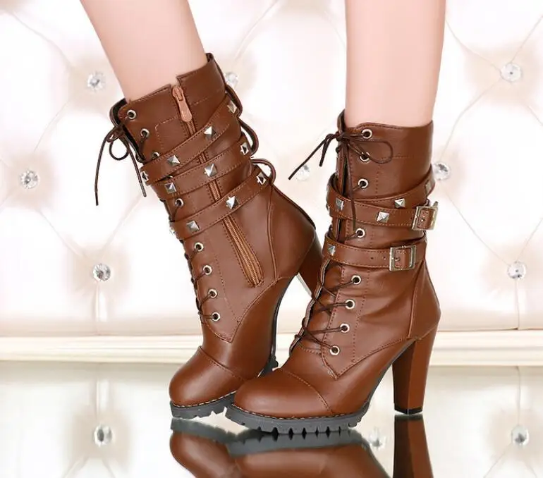 Женские сапоги на высоком каблуке удобные со шнурками для весны и осени|Сапоги до