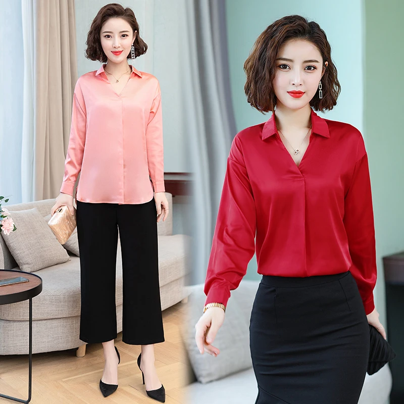 Весенние корейские модные шелковые женские блузки атласные однотонные Женские