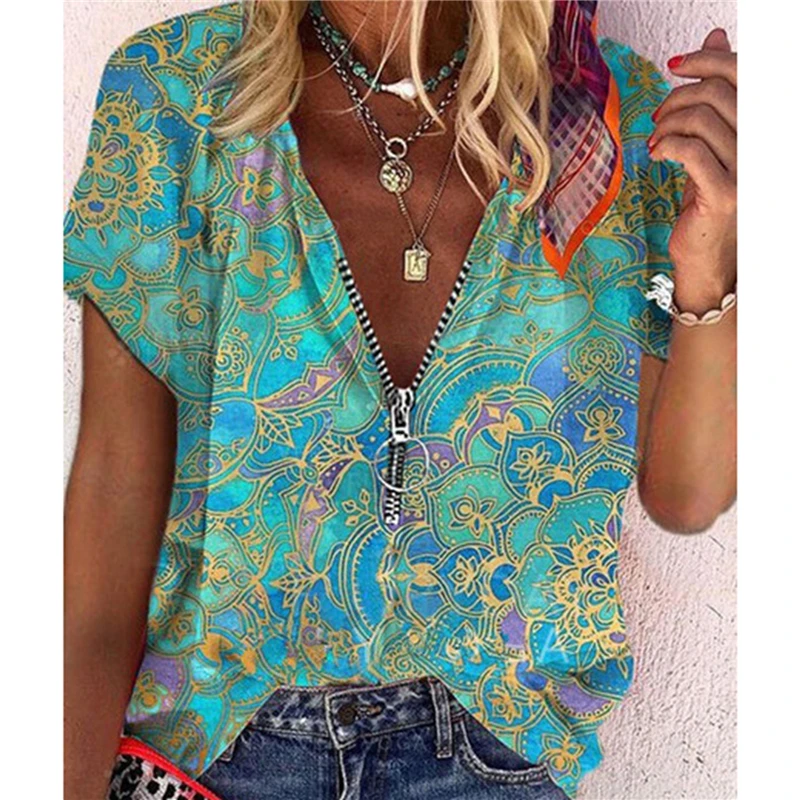 

Vintage Zipper Blouse Women's Summer Retro Print V-neck Zipper Short Sleeve Loose Shirt Blouse Ladies Summer Casual Tops