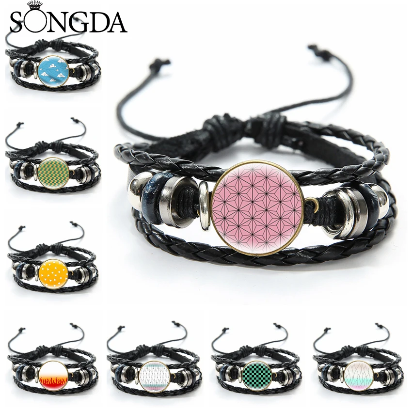

Anime Demon Slayer Leather Bracelet Kimetsu No Yaiba Kamado Tanjirou Cosplay Glass Cabochon Bangle for Women Mens Jewelry Gift