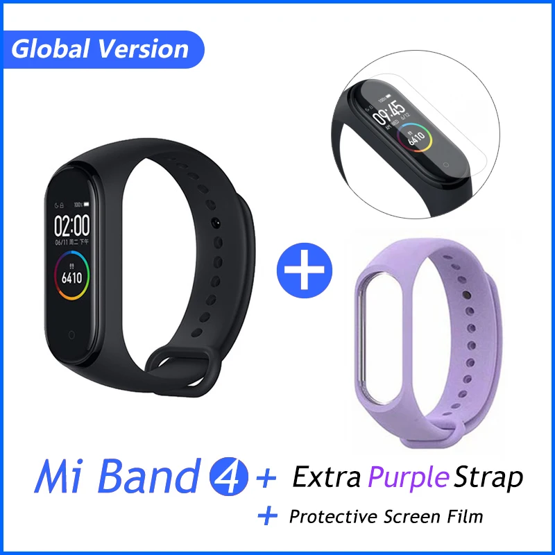 GB purple film Xiaomi Mi группа 3 4 глобальная Версия смарт-Браслет фитнес-браслет часы 3 большой сенсорный экран сообщение время сердечно - Цвет: GB purple film