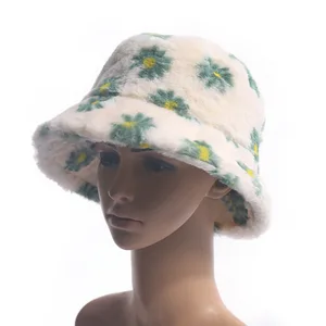 2021 Korean Version Of the Autumn And Winter Small Daisy Print Fisherman's Hat, Fuzzy Go Out Warm Rabbit Hair Basin Hat