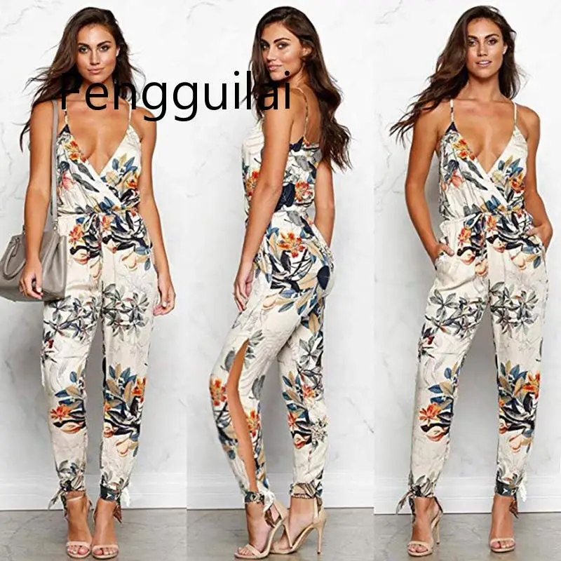 

FENGGUILAIV Neck Sexy Bodysuits Women With Belt Body Femme Rompers Feminino Floral Playsuit Overalls Print Spring Summer Jumpsui