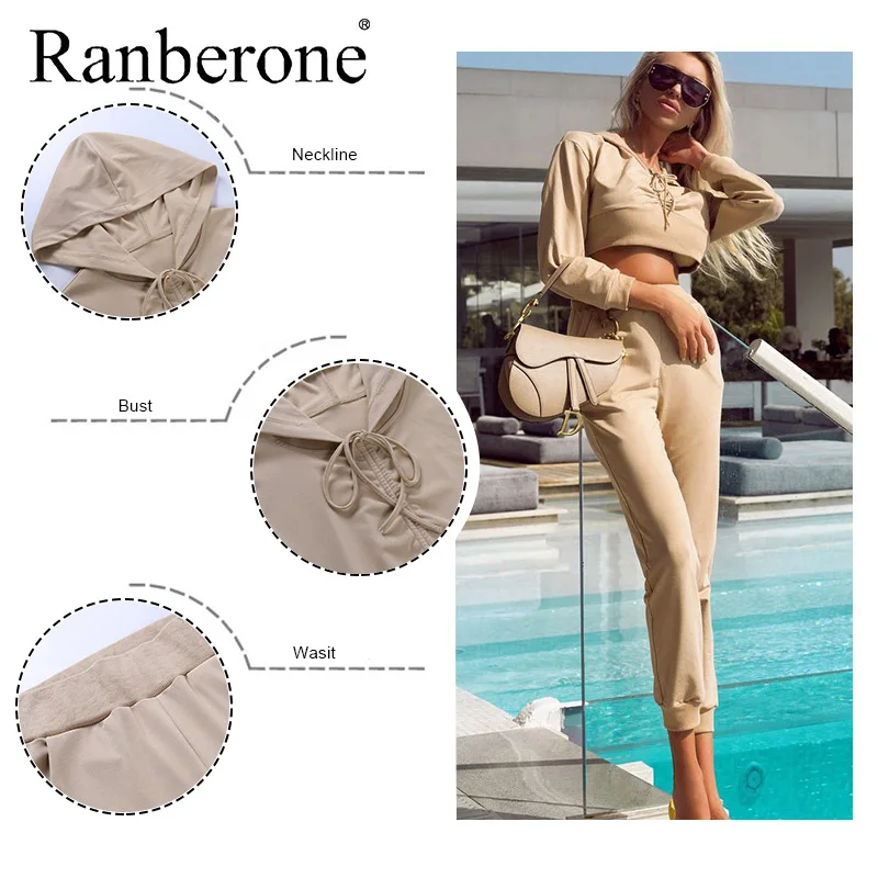 Ranberone 2 PCS Women's Tracksuit Sexy Drawstring Crop Top Pants Women High Waist Loose Trousers Gym Fitness Sport Suit Female