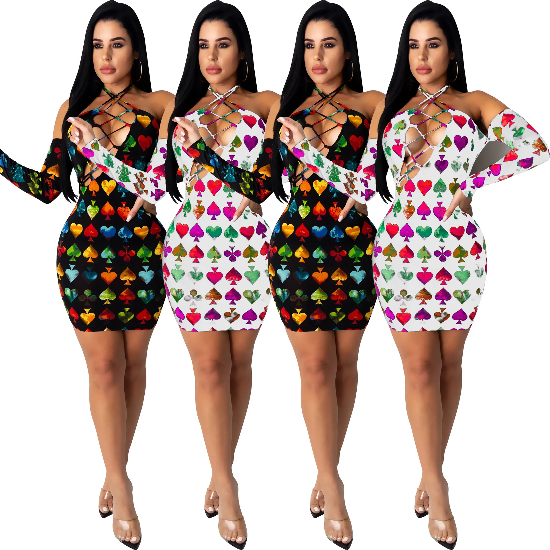 Женское платье с длинным рукавом кружевное пикантное и лямкой на шее для ночного