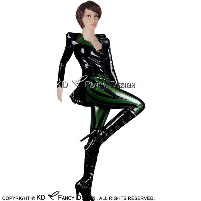 Черный и зеленый сексуальный латексный пиджак Блузка оборками с застежкой