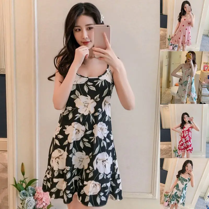 

Women Summer Sleeveless Nightdress Cute Floral Leaves Ruffles Padded Sleepwear Q6PB