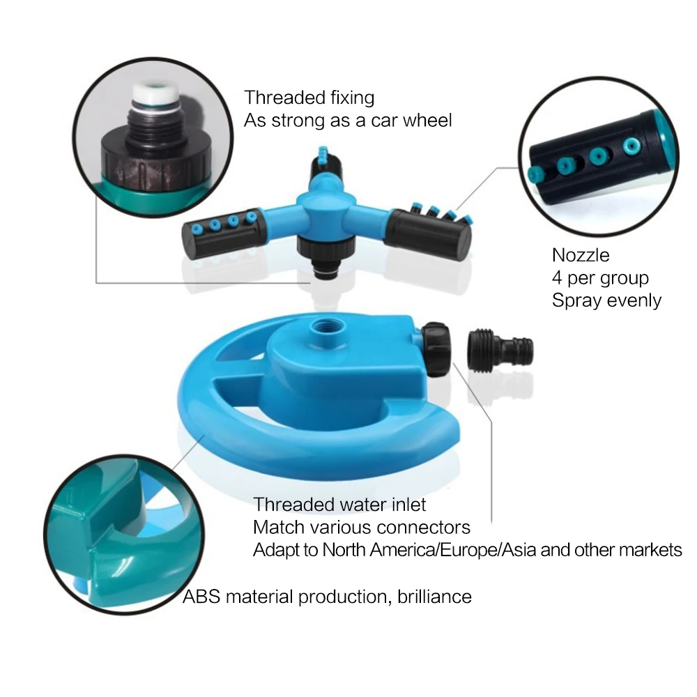 

360 Degree Automatic Grass Lawn Watering Three-Arm Sprinkler with 4 Nozzles Garden Irrigation System