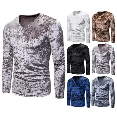

New men's diamond velvet V-neck multi-color long-sleeved slim T-shirt