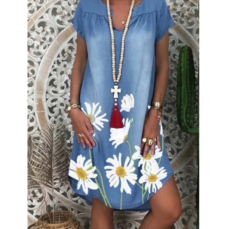 

Women Loose Denim Dress Casual V-Neck Short Sleeve Floral Print Mini Soft Jeans Dress Ladies Summer Knee-Length Irregular Dress