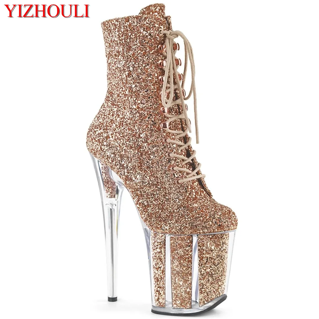 20cm stilettos, 8in pole dancing boots from a sexy nightclub model, sequined vamp party stage, ankle boots