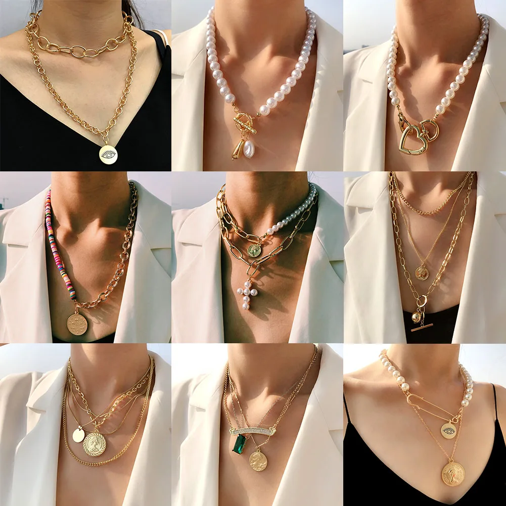 Женское многослойное ожерелье Flatfoosie чокер с имитацией жемчуга длинная золотая