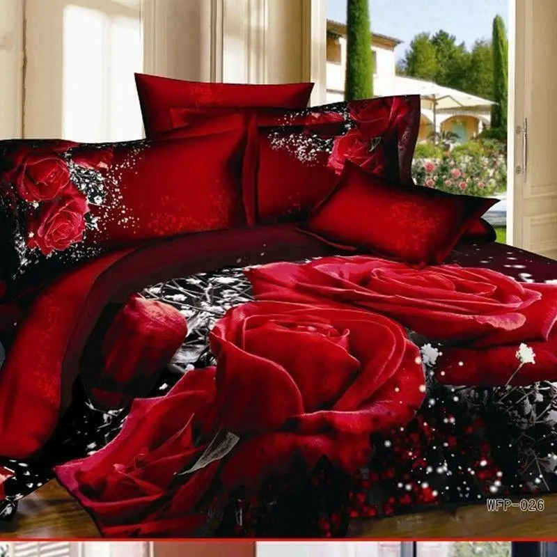 

3D Red Rose Queen King Size Cotton Bedding Set 4Pcs Sheet Duvet Cover Pillowcases