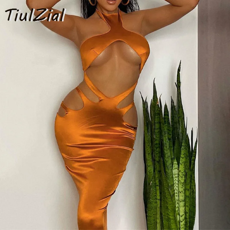 

TiulZial сексуальное Клубное летнее платье с вырезами, праздничные вечерние платья миди 2021, облегающие платья со шнуровкой и лямкой на шее