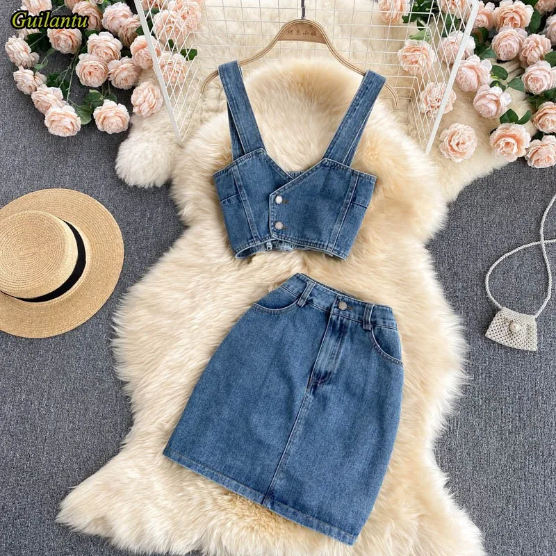 

Guilantu/Летний облегающий Джинсовый комплект из двух предметов с открытой спиной, женский укороченный топ на бретельках + короткая юбка, компл...