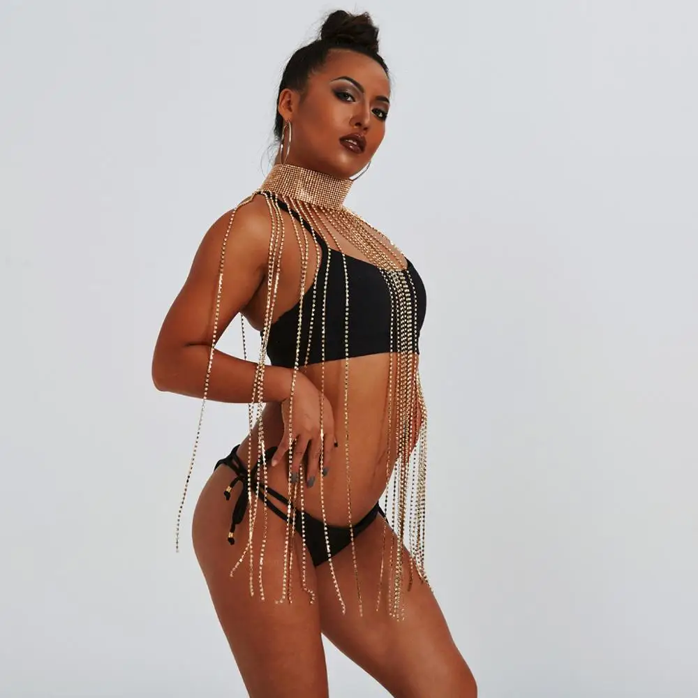 Ожерелье женское длинное блестящее с кисточками и лямкой на шее |