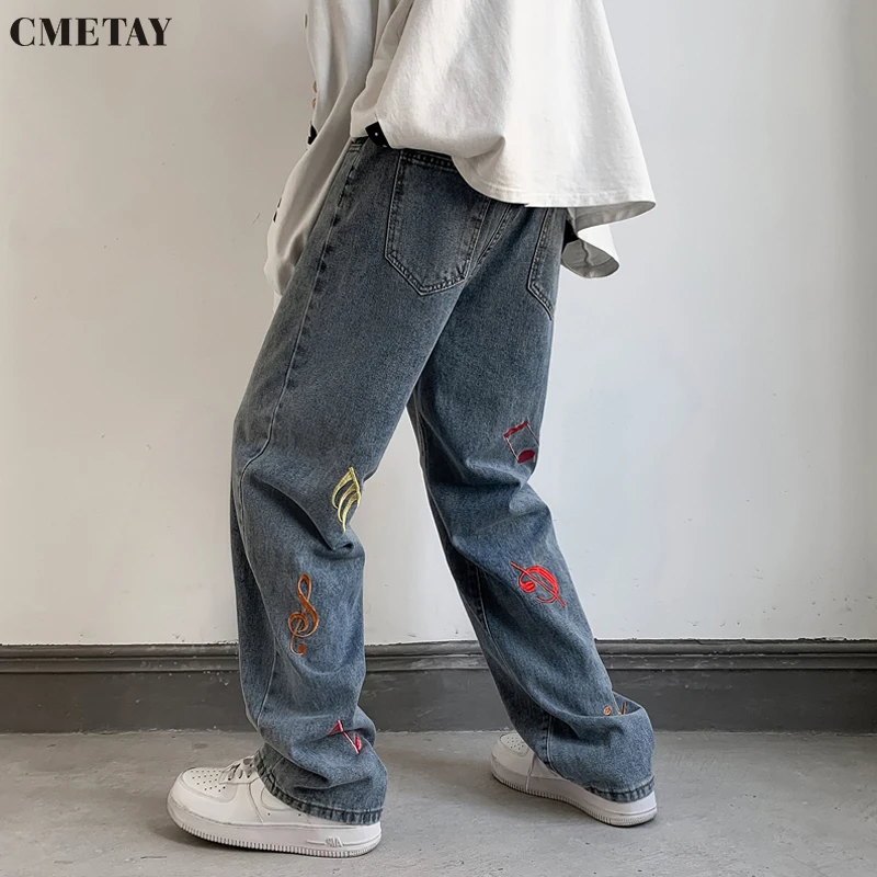 

CMETAY Hip Hop Streetwear Casual Jeans Men/Women Same 2022 Spring Harajuku Musical Note Embroidered Denim Straight Trousers