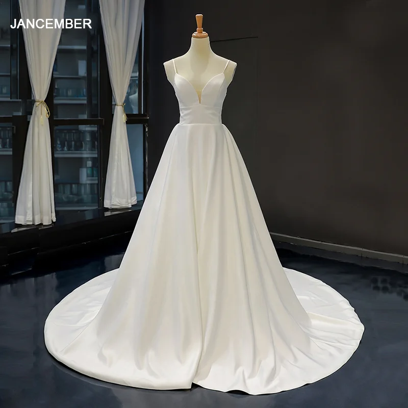 RSM66837 атласные свадебные платья boho без рукавов на тонких бретелях ТРАПЕЦИЕВИДНОЕ