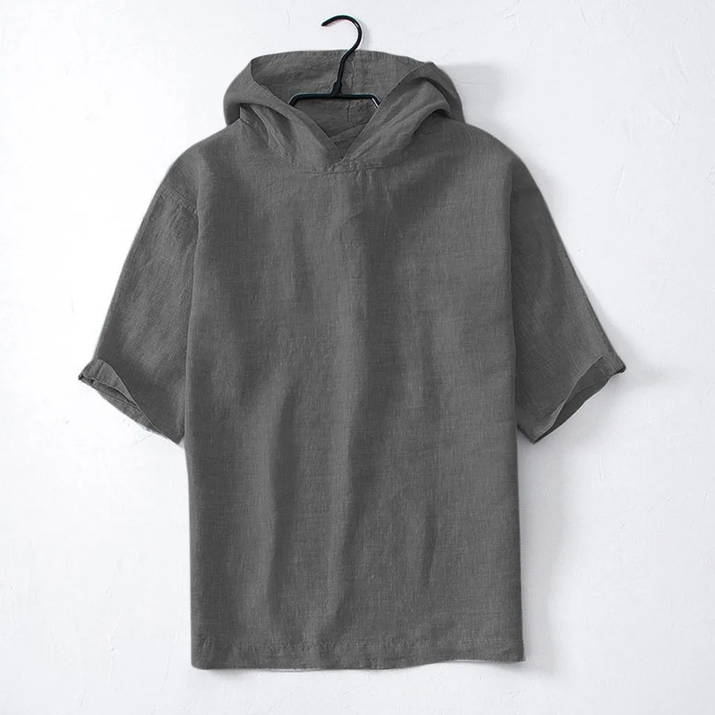 

Men's Baggy Cotton Linen Hooded T-Shirts Summer Beach Short Sleeve Retro Tops Blouse Casual Solid Color T-Shirt