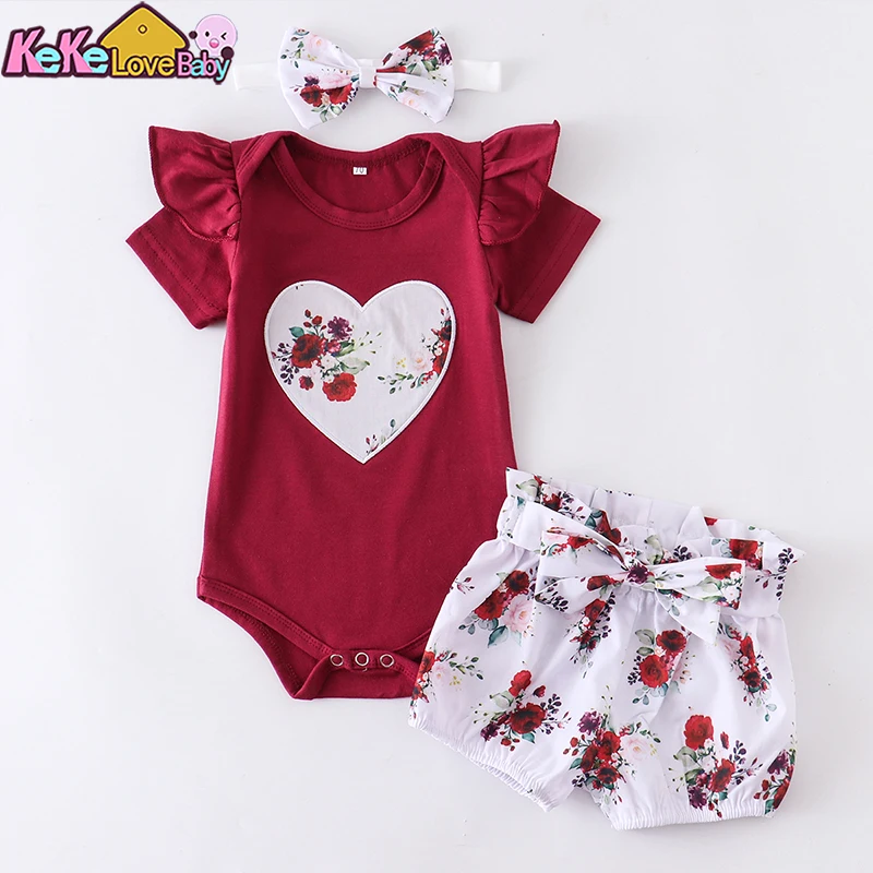 Summer Baby Girl Clothes Infant Fashion Red Ruffle Romper Flower Short Pants Headband Cotton Solid Cute Newborn Toddler Outfit