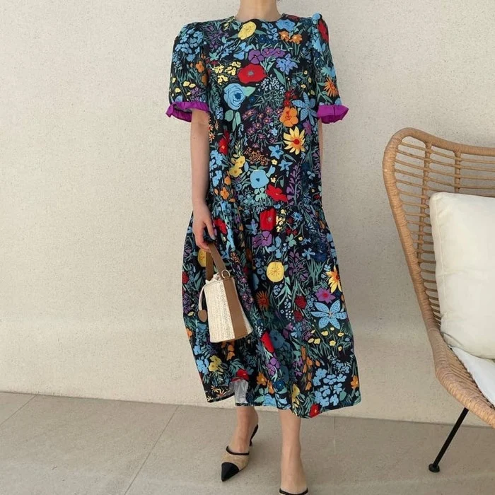 

2021 New Women Oversize Loose Dress Pretty Cute Colorful Floral Flared Sleeves Right Shoulder Korean Fashion Female Dresses