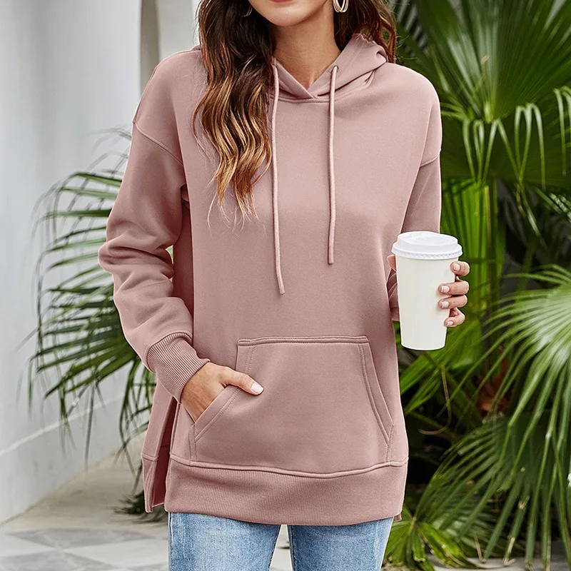 

Женская тонкая толстовка с капюшоном, свободная однотонная кофта большого размера с длинными рукавами и карманами в Корейском стиле, верхн...