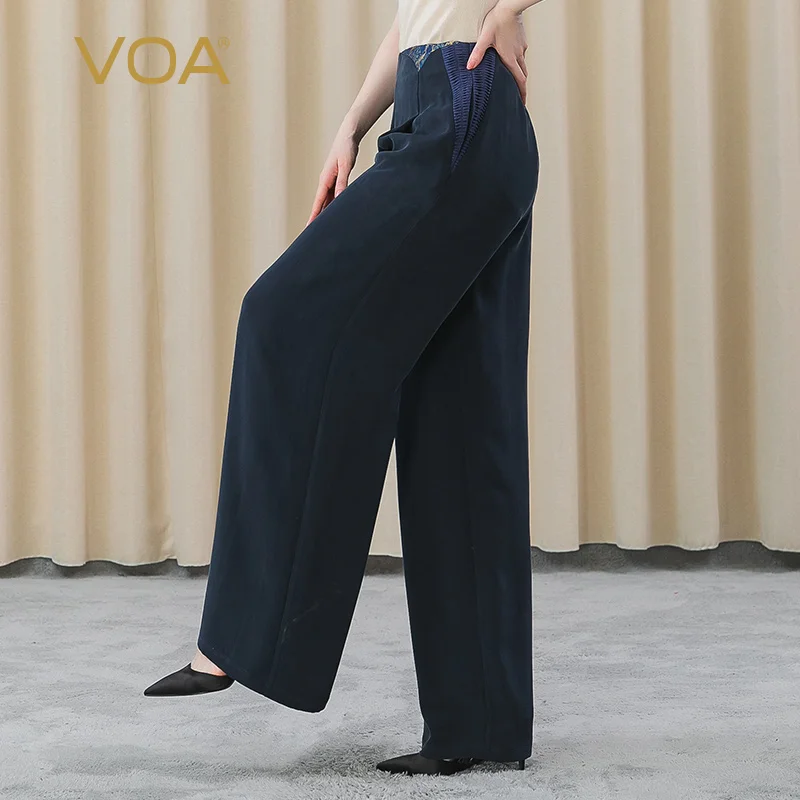 

VOA Heavyweight 30m/m Silk Navy Mid Waist Yarn Dyed Jacquard Stitching Pleated Side Pocket Wide Leg Pants for Women KE303