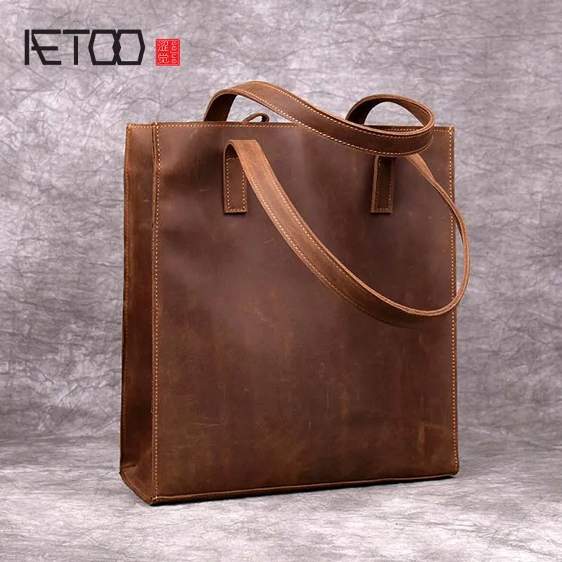 Сумка-тоут AETOO женская из кожи Крейзи Хорс простой кожаный саквояж на плечо в