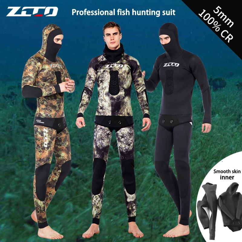 

Men's Camouflage Wetsuits Hunting Fish Suit 5mm CR Triathlon CR Inner Smooth Skin Hunter Neoprene Diving Suit Two Piece Set