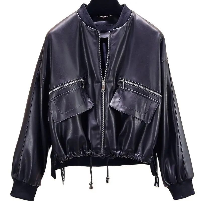 

Korean PU leather jacket women's ribbon loose PU jacket 2020 new pu faux leather jacket women leather jacket faux leather coat