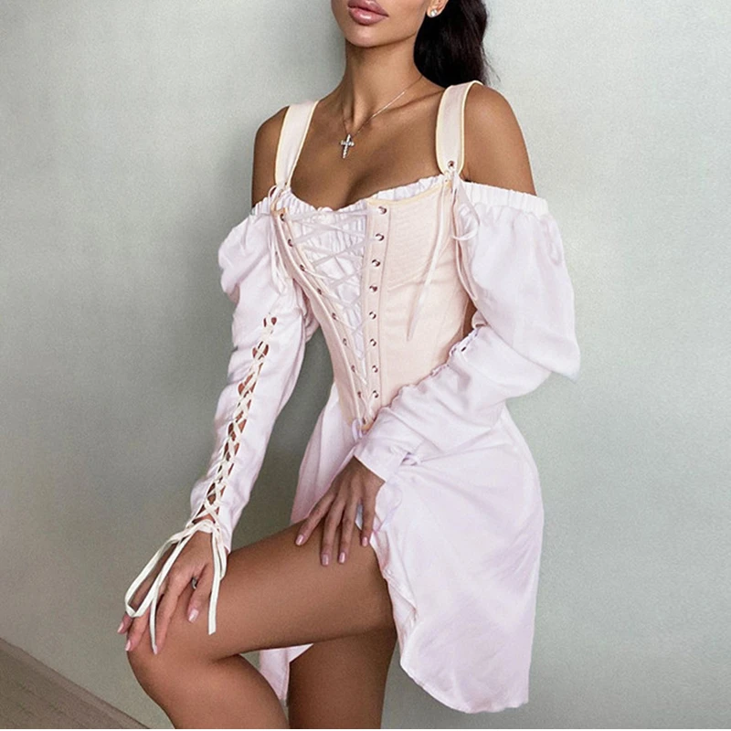 

Модное осеннее платье в стиле ретро, Дамское Платье на шнуровке с длинным рукавом, облегающее грудь, без бретелек, мини-платье Вечерние вече...