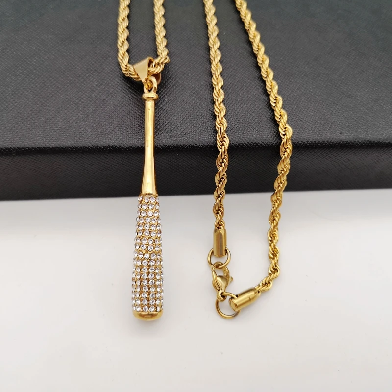 Twist chain Золотой цвет нержавеющая сталь Бейсбол летучей мыши Ожерелье Полный Стразы Bling в стиле «хип-хоп» рок ожерелье ювелирные изделия для мужчин модные - Окраска металла: Twist chain