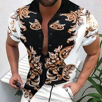 mens spring and autumn casual fashion trend loose large size turtleneck cardigan print jacket short sleeved shirt