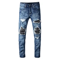 sokotoo mens pu leather patchwork ripped biker jeans patch slim skinny stretch denim pants