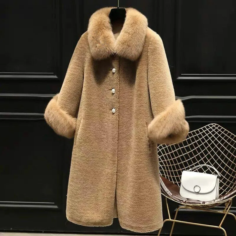 

Winter Long Fleece Fur Collar Coat Faux Fox Fur Plus Size Faux Sheep Shearling Fluffy Cardigan Tops Bomber Jacket Abrigos Mujer