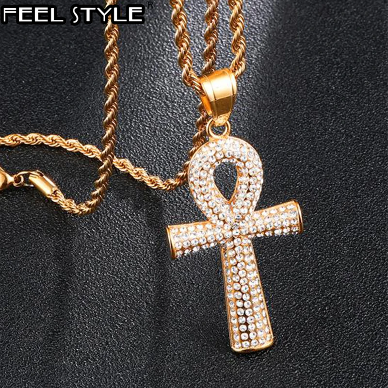 Хип хоп Iced Out Bling Cross полностью Стразы подвески и ожерелья Ankh для мужчин ювелирное