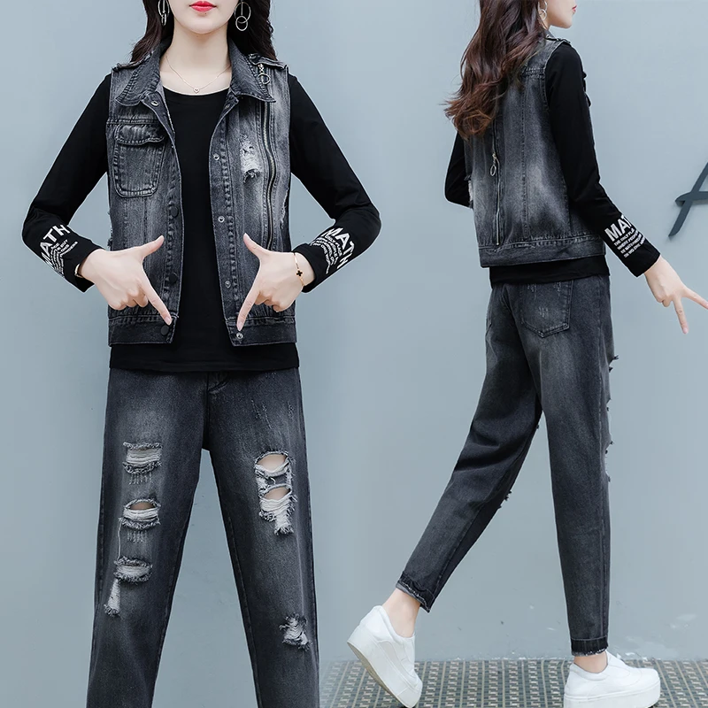 Спортивный костюм для женщин джинсовый осень 2019 Новая повседневная футболка с