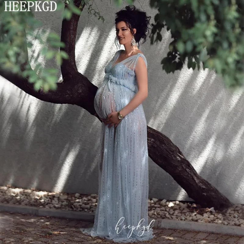 Мятно-синее вечернее платье для беременных женщин длинное ТРАПЕЦИЕВИДНОЕ