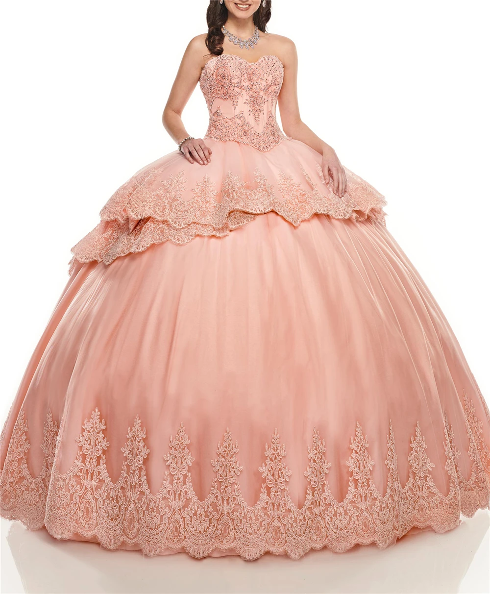 

Two Pieces Pink Sweetheart Neckline Appliques Beading Crystals Multi-Layers Quinceanera Dresses quinceanera dresses ball gown