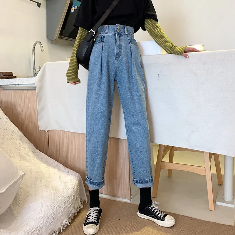 

Women's Korean-style Belly-closing High-performance Jeans Thin Pleated Loose Harlan Straight-leg Denim Pants
