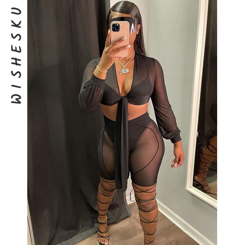 

Sheer Mesh Long Sleeve Bandage Beach Cover Ups Two Piece Set Sexy Skinny Shorts Outfits Women Holiday Club Party Clothes