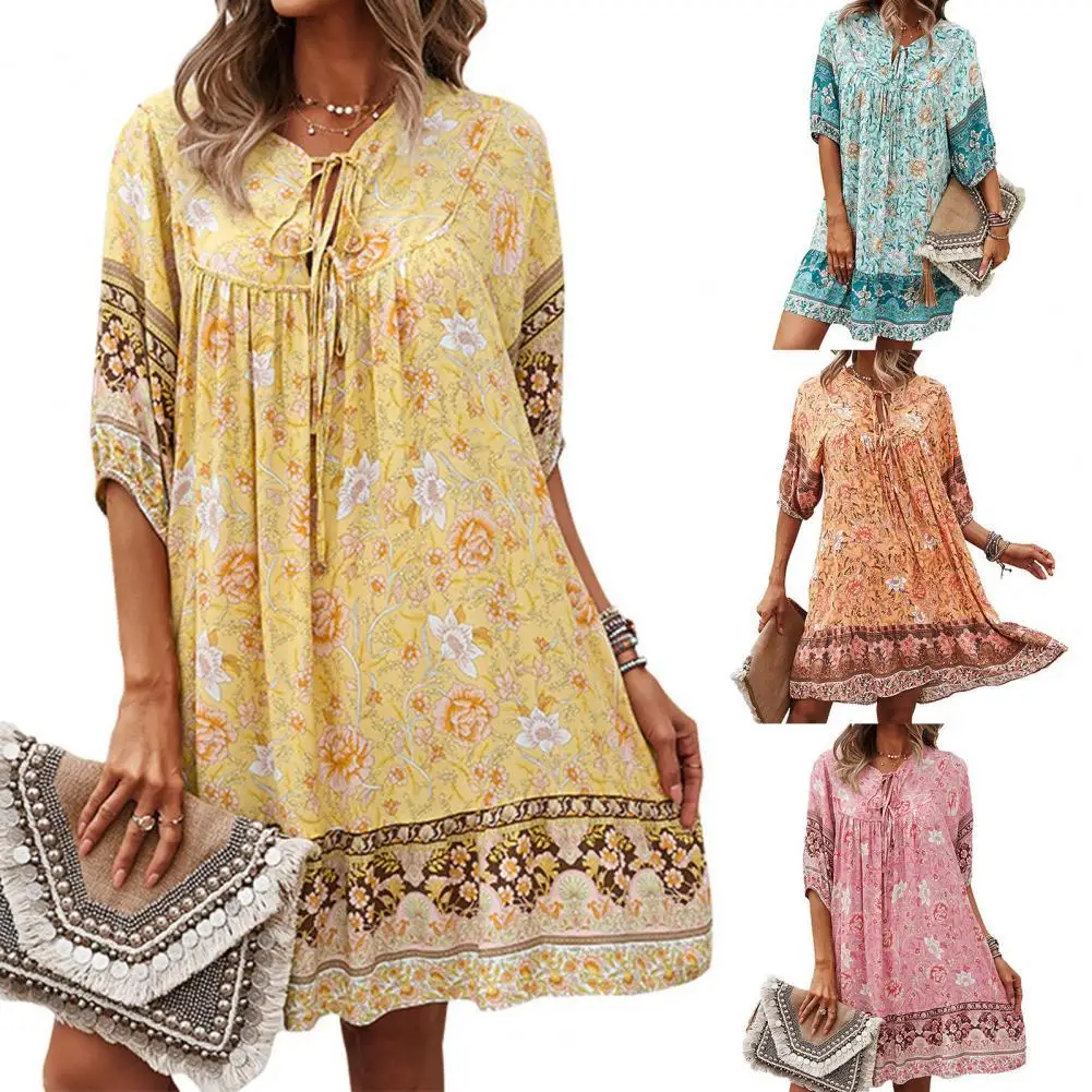 Dress Half Sleeve All-match Cotton Blended Women Printed Above Knee Mini Dresses for Party Women Printed Above Knee Mini Dresses