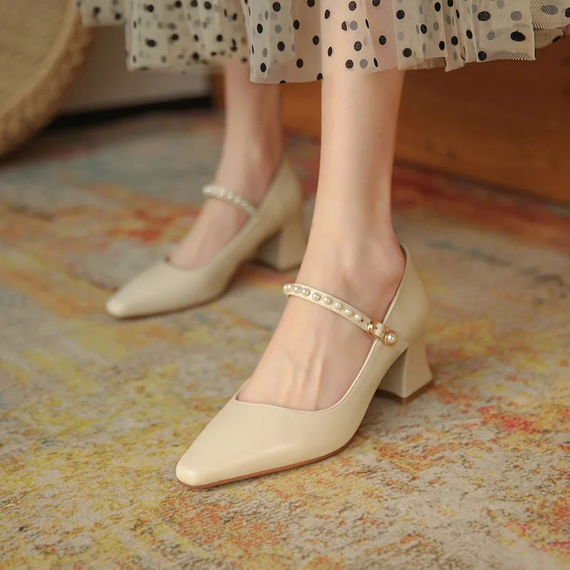 

Osunlina Lady Pumps Elegant 6cm High Square Heels Mary Janes Pumps Job Wedding Handmade Genuine Leather Shallow Shoes Woman