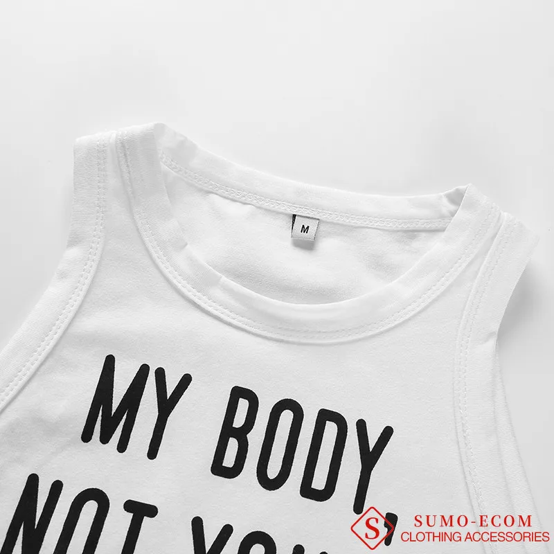 

2PCS Fashion Women's Feminist My Body NOT Yours Letter Printed Girl Cotton Vest Sleeveless Black White Crop Top GymTank Tops