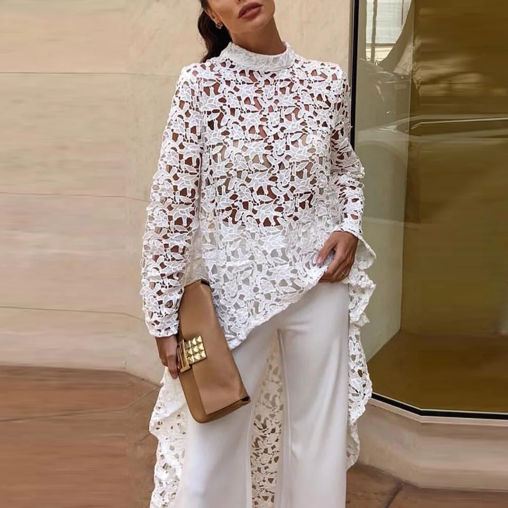 Ажурные женские весенние Прозрачные топы Асимметричная Длинная блузка 2020 с