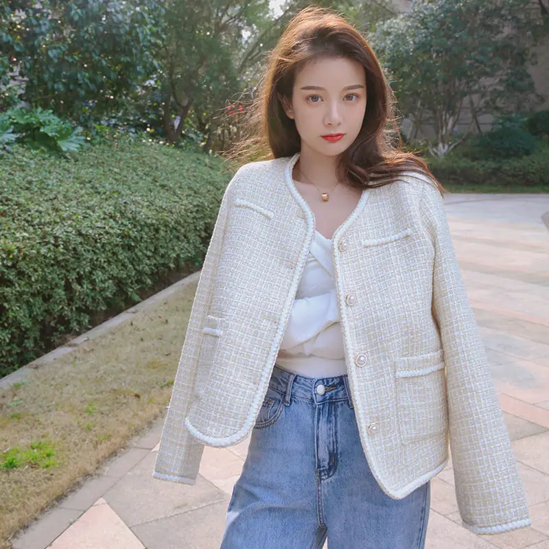

Autumn Tweed Jacket Women Pearl Button Elegant Vintage Fashion Outerwear Female Temperament Elegant Ladies Short Coat Y845