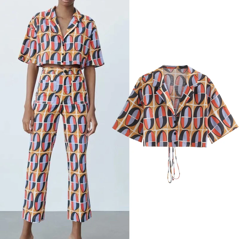 

Za Top Woman Print Cut Out Crop Top Female Short Sleeve Summer Blouse 2021 Fashion Streetwear Collared Button Up Shirt