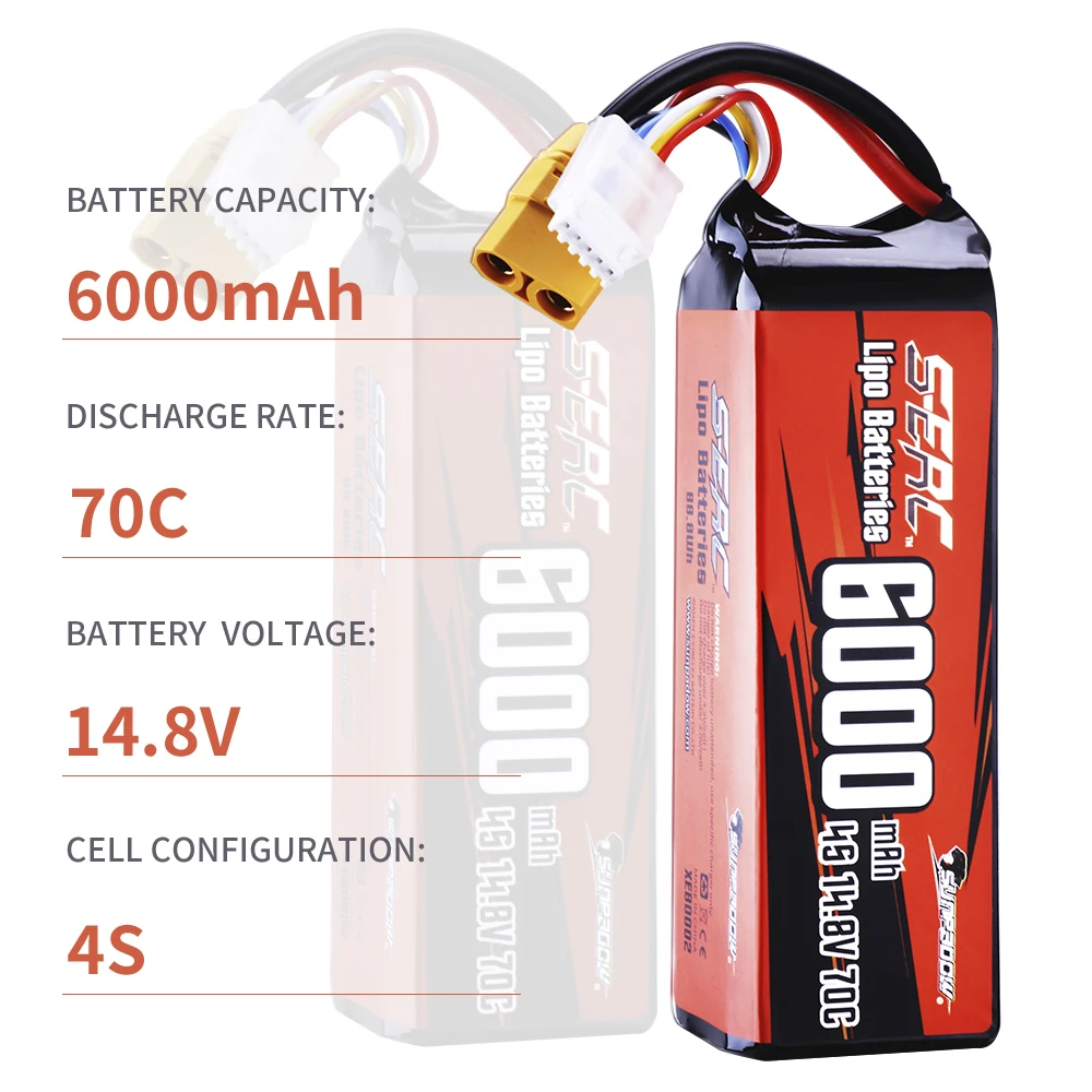 SUNPADOW 4S Lipo Battery 14.8V 6000mAh 70C Soft Pack with XT90 Connector for RC Buggy Truggy Vehicle Car Truck Tank Racing Hobby enlarge