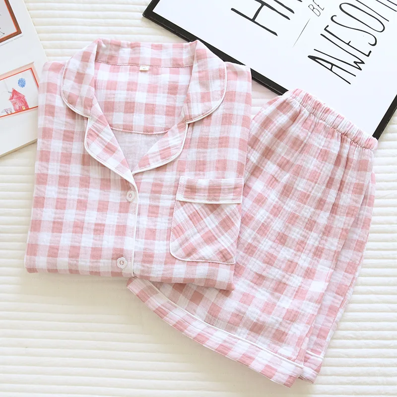 

Fdfklak Gauze Cotton Plaid Pajama Sets Women Casual Homewear Summer Loungewear Two Pieces Female Leisure Outdoor Pyjamas