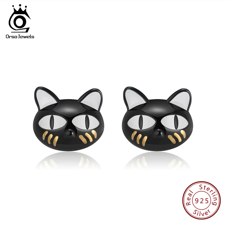 SE89 ORSA JEWELS, женские серьги из настоящего серебра, яркий черный цвет, кот, эмаль, дизайн, для девушек, серебряные, вечерние, ювелирное изделие - Цвет камня: SE89